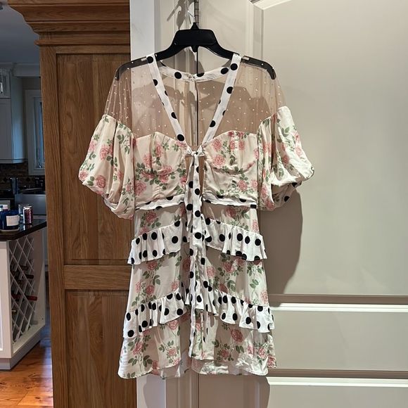 FOR LOVE & LEMONS Butterscotch Tiered Mini Dress In Floral Polka Print m - Picture 6 of 14